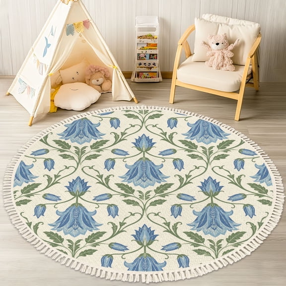 Washable Non Slip 4ft Round Rug, BAROQUE RENAISSANCE FLORAL Circle Area Rugs with Tassels Carpet for Nursery Bedroom Living Room Playroom Tent Rug Tent Castle