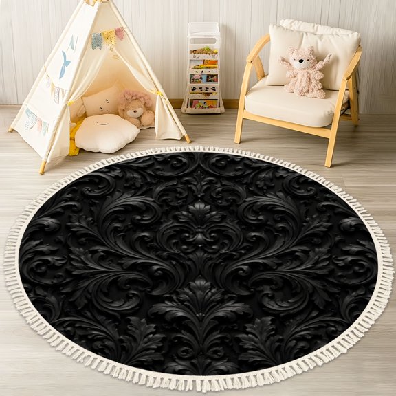 Washable Non Slip 4ft Round Rug, Black Gray Floral Embossed Swirling Curves Intricate Circle Area Rugs with Tassels Carpet for Nursery Bedroom Living Room Playroom Tent rug Tent Castle