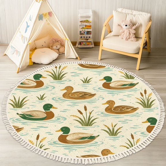 Washable Non Slip 4ft Round Rug, Colorful Abstract Geometric Bold Shapes Vibrant Colors Circle Area Rugs with Tassels Carpet for Nursery Bedroom Living Room Playroom Tent rug Tent Castle