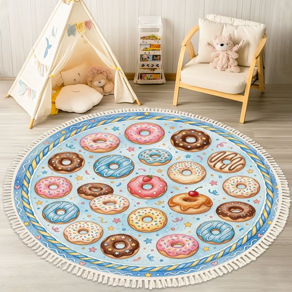 Washable Non Slip 4ft Round Rug, Colorful Donuts Sprinkles Stars Blue Circle Area Rugs with Tassels Carpet for Nursery Bedroom Playroom Tent rug Tent Castle