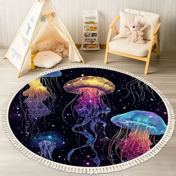 Washable Non Slip 4ft Round Rug, Colorful Glowing Jellyfish Floating Dark Cosmic Circle Area Rugs with Tassels Carpet for Nursery Bedroom Living Room Playroom Tent rug Tent Castle