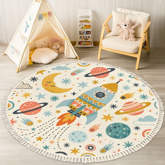 Washable Non Slip 4ft Round Rug, Colorful Rocket Planet Stars Moon Space Theme Circle Area Rugs with Tassels Crawling Play Mat Nursery Carpet for Children Toddlers Bedroom