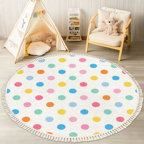 Washable Non Slip 4ft Round Rug, Colourful rainbow polka dots Festal confetti Scandinavian Circle Area Rugs with Tassels Carpet for Nursery Bedroom Living Room Playroom Tent rug Tent Castle