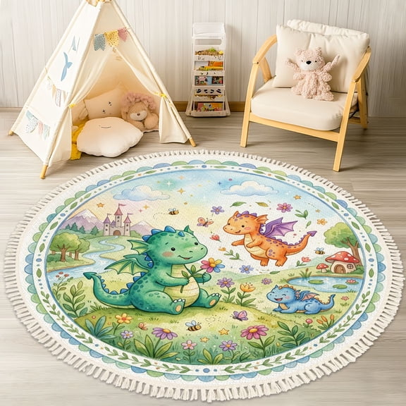 Washable Non Slip 4ft Round Rug, Cute Baby Dragons Magical Flower Garden Fairytale Castle Forest Circle Area Rugs with Tassels Crawling Play Mat Nursery Carpet for Children Toddlers Bedroom