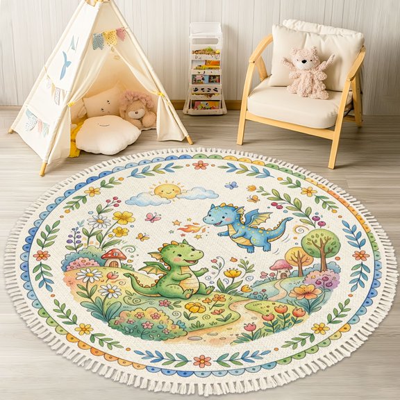 Washable Non Slip 4ft Round Rug, Cute Dragons Floral Fantasy Landscape Sunshine Butterflies Circle Area Rugs with Tassels Crawling Play Mat Nursery Carpet for Children Toddlers Bedroom