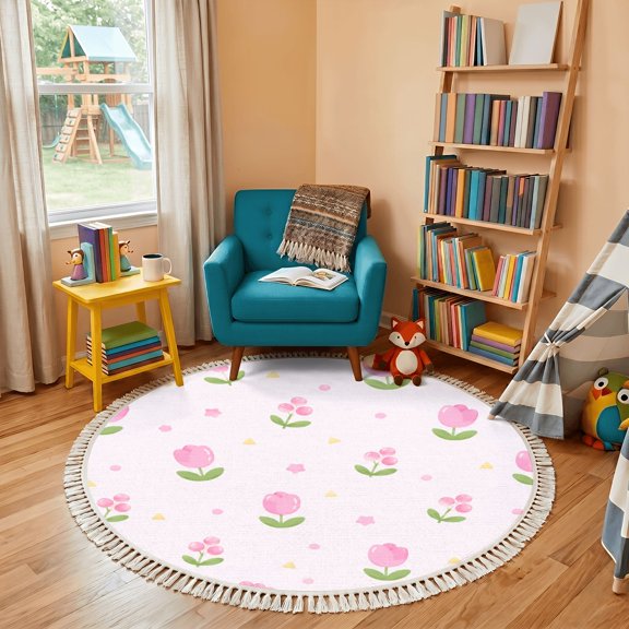 Washable Non Slip 4ft Round Rug, Pink Tulips Berries Seamless Pastel Colors Circle Area Rugs with Tassels Carpet for Nursery Bedroom Living Room Playroom Tent Rug