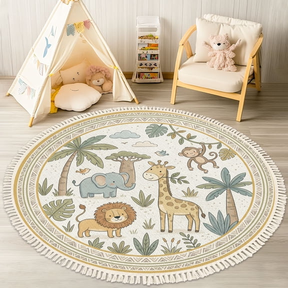 Washable Non Slip 4ft Round Rug, Cute Safari Animal Giraffe Lion Elephant Monkey Tribal Border Circle Area Rugs with Tassels Carpet for Nursery Bedroom Playroom Tent rug Tent Castle