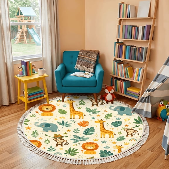 Washable Non Slip 4ft Round Rug, Cute Safari Animals Lions Giraffes Monkeys Elephants Tropical Leaves Circle Area Rugs with Tassels Carpet for Nursery Bedroom Living Room Playroom Tent Rug