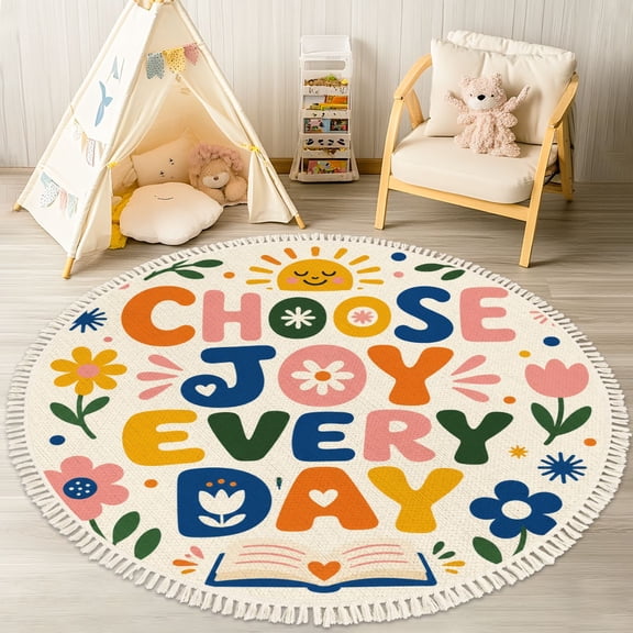 Washable Non Slip 4ft Round Rug, Day Read Book Floral Trendy Reading Book Lovers School Library Text Circle Area Rugs with Tassels Carpet for Nursery Bedroom Living Room Playroom Tent Rug