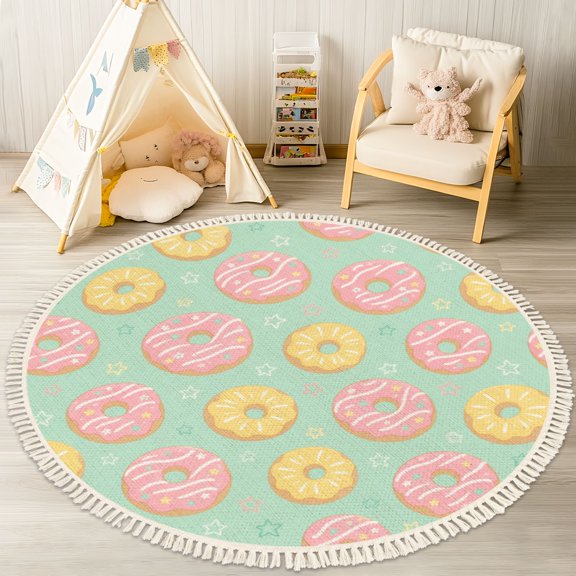 Washable Non Slip 4ft Round Rug, Donut Pink Yellow Frosted Donuts Pastel Green Circle Area Rugs with Tassels Carpet for Nursery Bedroom Living Room Playroom Tent rug Tent Castle