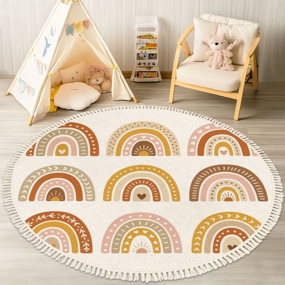 Washable Non Slip 4ft Round Rug, Drawn Rainbows Cute Set Pastel Earthy Colors Circle Area Rugs with Tassels Carpet for Nursery Bedroom Living Room Playroom Tent rug Tent Castle