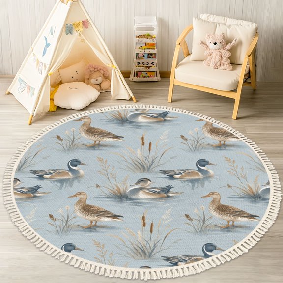 Washable Non Slip 4ft Round Rug, Duck Greenery Soft Blue Tones an Illustrative Style Circle Area Rugs with Tassels Carpet for Nursery Bedroom Living Room Playroom Tent rug Tent Castle