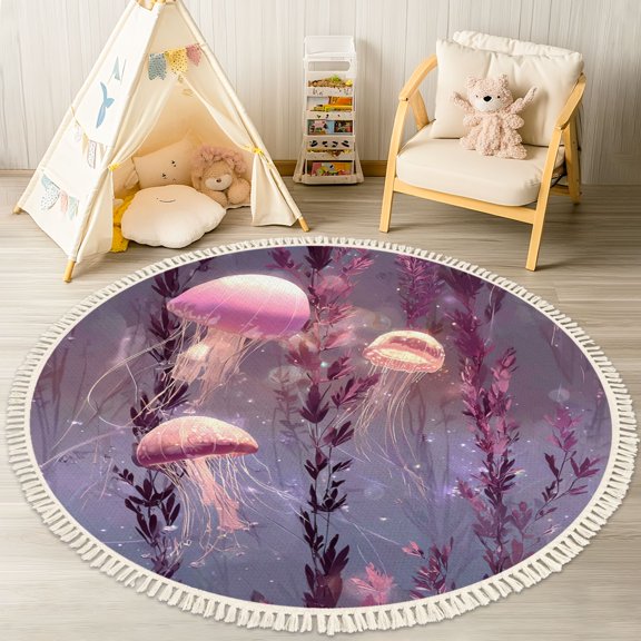 Washable Non Slip 4ft Round Rug, Ethereal Pink Jellyfish Floating Among Purple Seaweed Circle Area Rugs with Tassels Carpet for Nursery Bedroom Living Room Playroom Tent rug Tent Castle