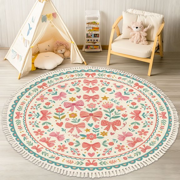 Washable Non Slip 4ft Round Rug, Floral Bow Pastel Colors Vintage Charm Circle Area Rugs with Tassels Carpet for Nursery Bedroom Living Room Playroom Tent Rug Tent Castle