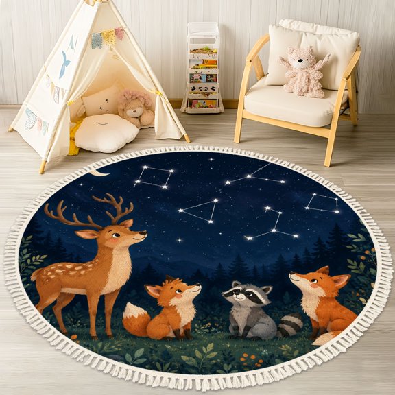 Washable Non Slip 4ft Round Rug, Forest Animals Gazing Starry Sky Constellations Whimsical Circle Area Rugs with Tassels Carpet for Nursery Bedroom Living Room Playroom Tent rug Tent Castle