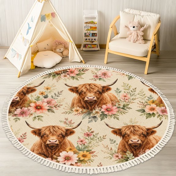 Washable Non Slip 4ft Round Rug, Highland Cow Floral Soft Pastels Circle Area Rugs with Tassels Carpet for Nursery Bedroom Living Room Playroom Tent rug Tent Castle