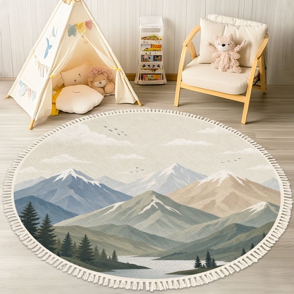 Washable Non Slip 4ft Round Rug, Kids mountains nursery Circle Area Rugs with Tassels Carpet for Nursery Bedroom Living Room Playroom Tent rug Tent Castle