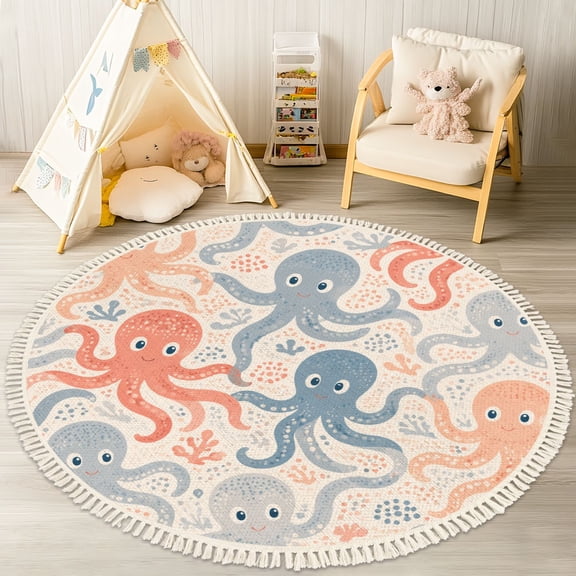 Washable Non Slip 4ft Round Rug, Lovely Laughing Pastel sea creatures Scandinavian Circle Area Rugs with Tassels Carpet for Nursery Bedroom Living Room Playroom Tent Rug Tent Castle