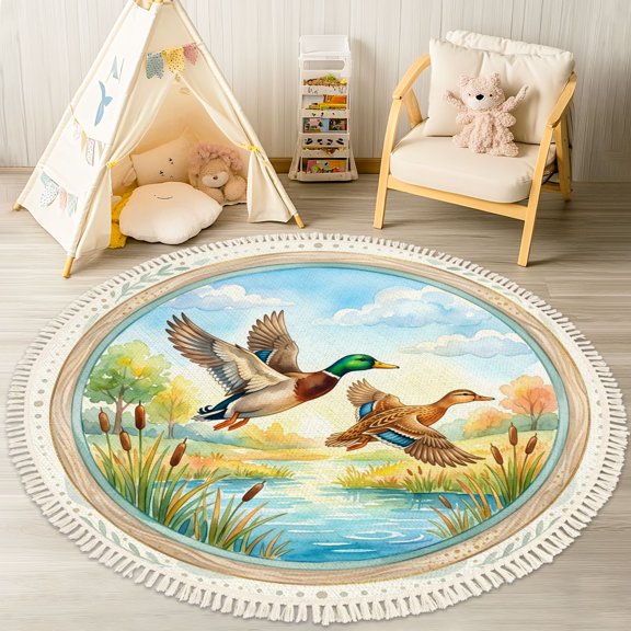 Washable Non Slip 4ft Round Rug, Mallard Ducks Scenic Wetlands Cattails Trees Circle Area Rugs with Tassels Carpet for Nursery Bedroom Playroom Tent rug Tent Castle