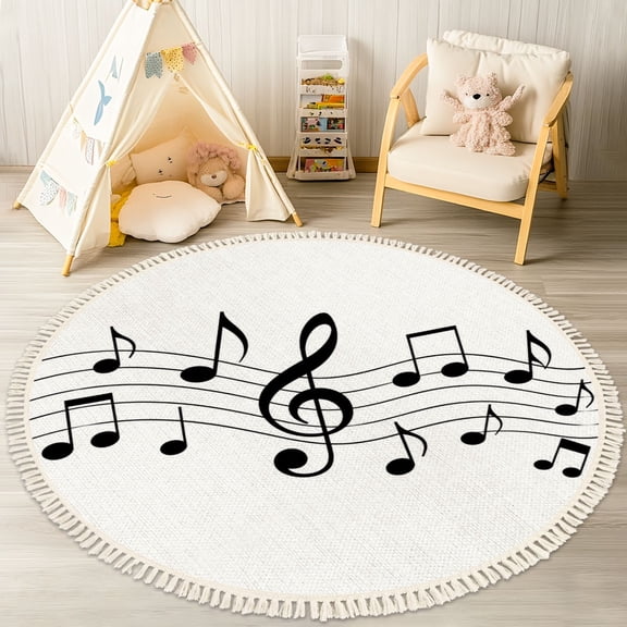 Washable Non Slip 4ft Round Rug, Musical notes stave line symbols for staff music key note Treble Circle Area Rugs with Tassels Carpet for Nursery Bedroom Living Room Playroom Tent Rug