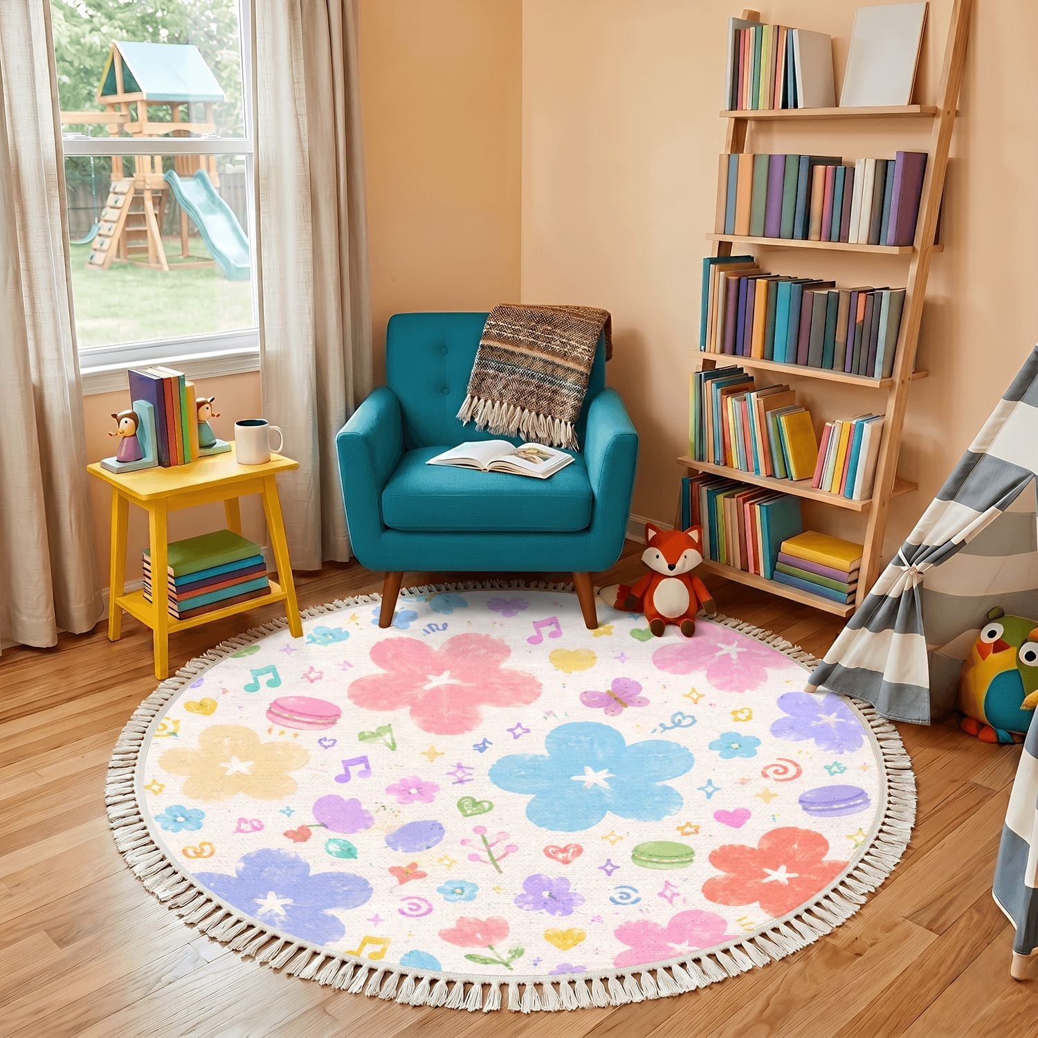 Pastel Large Rug Washable Non Slip 4ft Round Rug, Pastel Floral Whimsical Circle Area ...