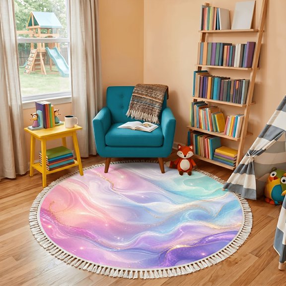 Washable Non Slip 4ft Round Rug, Pastel Marble Waves Circle Area Rugs with Tassels Pink Blue Purple fluid art Carpet for Nursery Bedroom Living Room Playroom Tent Rug