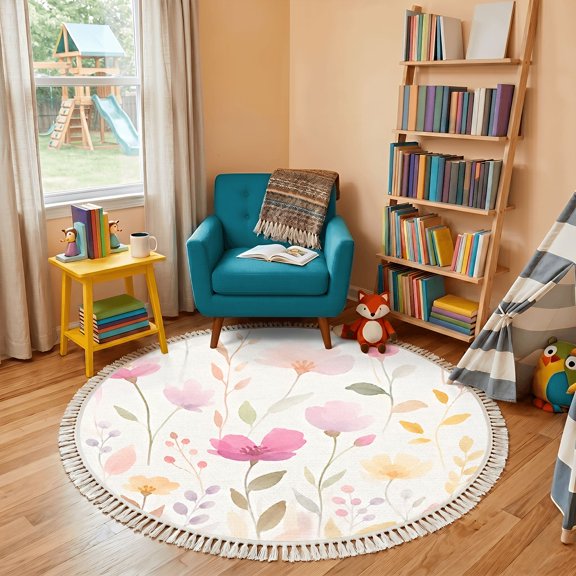 Washable Non Slip 4ft Round Rug, Pastel Watercolor Floral Delicate Blossoms Leaves Circle Area Rugs with Tassels Carpet for Nursery Bedroom Living Room Playroom Tent Rug