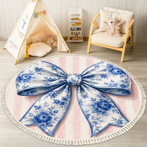 Washable Non Slip 4ft Round Rug, Pink Bow Fashion Preppy Y2K Trendy Girl Room Living Room College Dorm Circle Area Rugs with Tassels Carpet for Nursery Bedroom Living Room Playroom Tent Rug