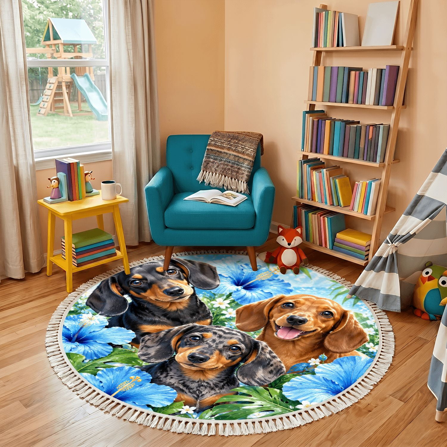 Playful Rug Washable Non Slip 4ft Round Rug, Playful Dachshunds cute pet Circle ...