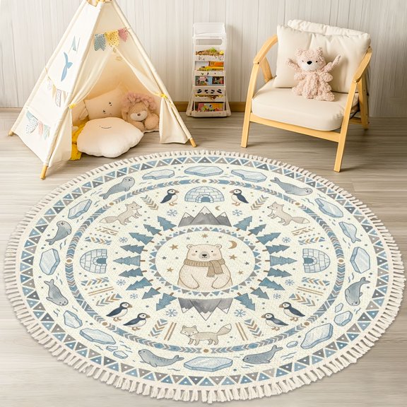 Washable Non Slip 4ft Round Rug, Polar Bear Arctic Animals Mandala Soft Blue Beige Tones Circle Area Rugs with Tassels Carpet for Nursery Bedroom Living Room Playroom Tent Rug Tent Castle