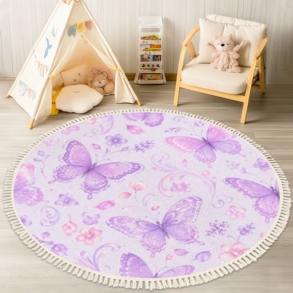 Washable Non Slip 4ft Round Rug, Purple Butterflies Blossoms Soft Pastel Colors Circle Area Rugs with Tassels Carpet for Nursery Bedroom Living Room Playroom Tent rug Tent Castle