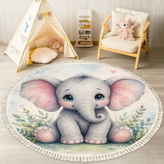 Washable Non Slip 4ft Round Rug, Safari Animals Jungle Nursery Motivational Quotes Elephant Dream Big Circle Area Rugs with Tassels Carpet for Nursery Bedroom Living Room Playroom Tent Rug