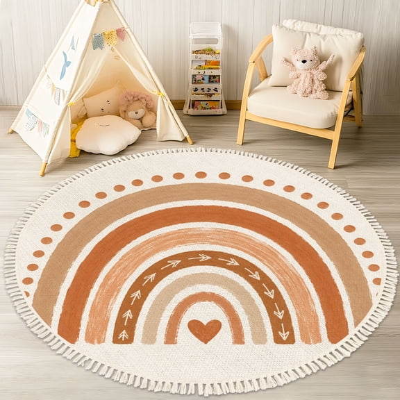 Washable Non Slip 4ft Round Rug, Scandinavian Nursery Boho Rainbow Print Circle Area Rugs with Tassels Carpet for Nursery Bedroom Living Room Playroom Tent rug Tent Castle