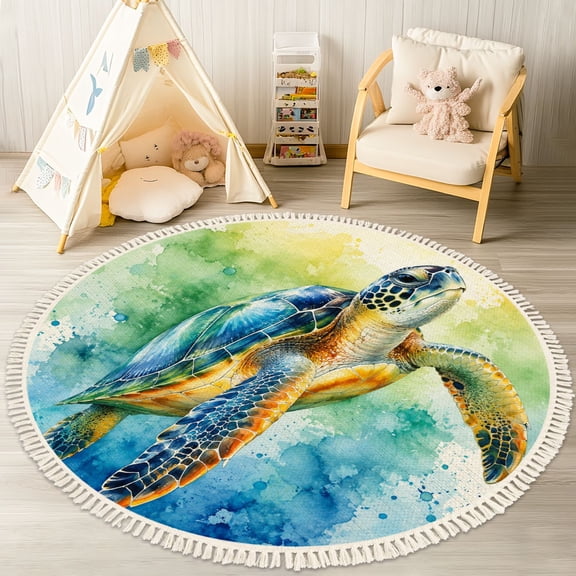 Washable Non Slip 4ft Round Rug, Sea Turtle Animal Nautical Theme Kids Room Nursery Decor Turtle Ocean Circle Area Rugs with Tassels Carpet for Nursery Bedroom Living Room Playroom Tent Rug