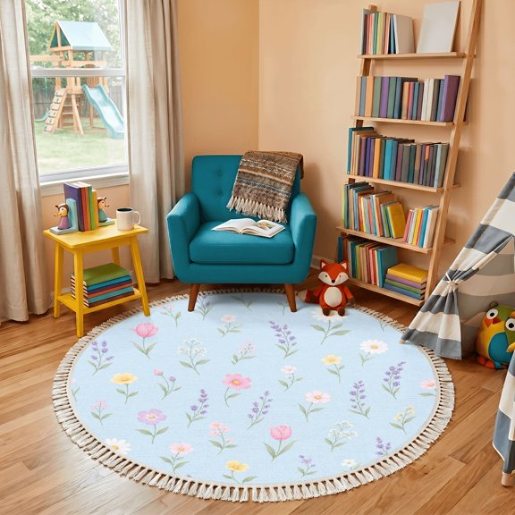 Washable Non Slip 4ft Round Rug, Seamless Pastel Floral Daisies Tulips Lavender Light Blue Circle Area Rugs with Tassels Carpet for Nursery Bedroom Living Room Playroom Tent Rug
