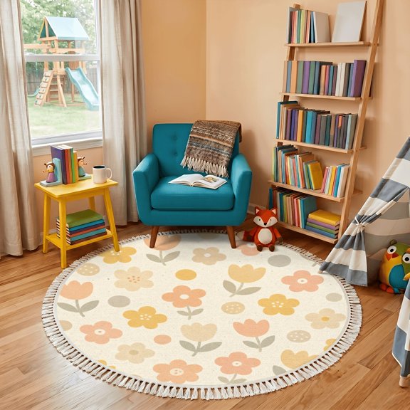 Washable Non Slip 4ft Round Rug, Seamless Pastel Floral Yellow Pink Flowers Circle Area Rugs with Tassels Carpet for Nursery Bedroom Living Room Playroom Tent Rug