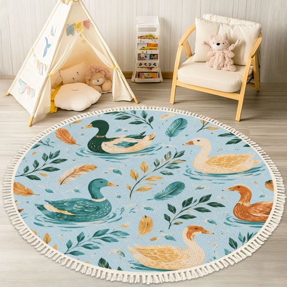 Washable Non Slip 4ft Round Rug, Serene Sunset Landscape Gentle Reflections Circle Area Rugs with Tassels Carpet for Nursery Bedroom Living Room Playroom Tent rug Tent Castle