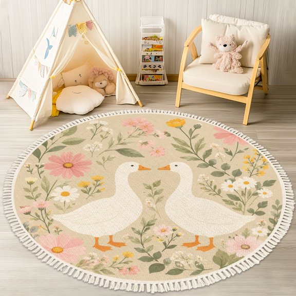 Washable Non Slip 4ft Round Rug, Two White Ducks Colorful Floral Pastel Circle Nursery Rugs with Tassels Carpet for Bedroom Living Room Playroom Decor Tent Rug