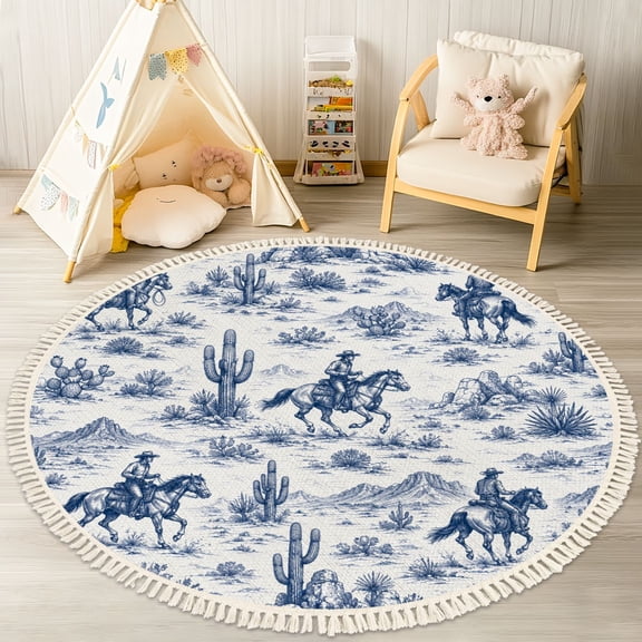 Washable Non Slip 4ft Round Rug, Western Cowboy Riding Desert Cacti Rocky Landscape Circle Area Rugs with Tassels Carpet for Nursery Bedroom Living Room Playroom Tent Rug Tent Castle