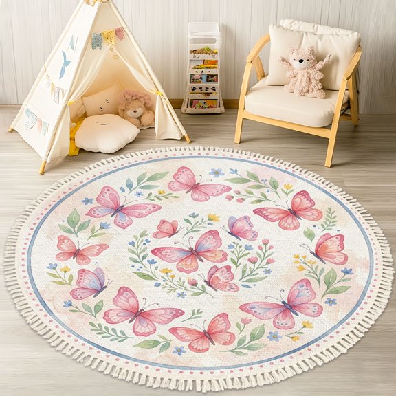 Washable Non Slip 4ft Round Rug, Whimsical Butterflies Pastel Pink Floral Circle Area Rugs with Tassels Carpet for Nursery Bedroom Living Room Playroom Tent Rug