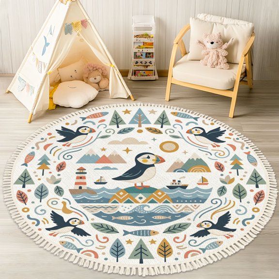 Washable Non Slip 4ft Round Rug, Whimsical Nautical Nature Elements Pastel Colors Circle Area Rugs with Tassels Carpet for Nursery Bedroom Living Room Playroom Tent Rug Tent Castle