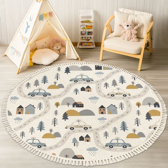 Washable Non Slip 4ft Round Rug, Whimsical Road Map Cars Houses Trees Circle Area Rugs with Tassels Crawling Play Mat Nursery Carpet for Children Toddlers Bedroom