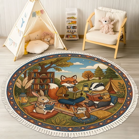 Washable Non Slip 4ft Round Rug, Whimsical Woodland Animal Reading Circle Cozy Forest Camp Books Nature Circle Area Rugs with Tassels Carpet for Nursery Playroom Daycare Reading Nook Classroom