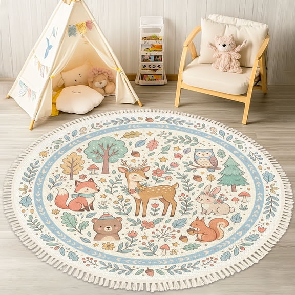 Washable Non Slip 4ft Round Rug, Whimsical Woodland Animals Floral Nature Patterns Nursery Rug with Tassels Carpet for Bedroom Living Room Playroom Tent rug Tent Castle
