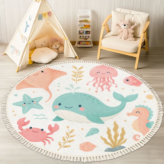 Washable Non Slip 4ft Round Rug, cute baby sea fishes crab whale stingray cartoon underwater Circle Area Rugs with Tassels Carpet for Nursery Bedroom Living Room Playroom Tent rug Tent Castle