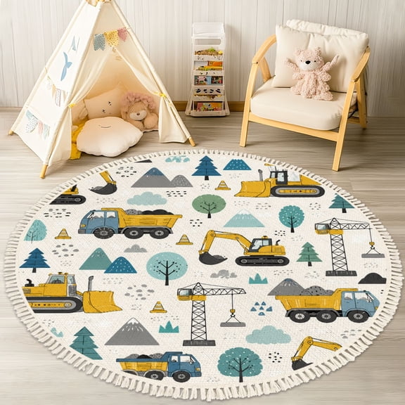 Washable Non Slip 4ft Round Rug, cute cars Truck tractor cargo crane bulldozer excavator Circle Area Rugs with Tassels Carpet for Nursery Bedroom Living Room Playroom Tent rug Tent Castle