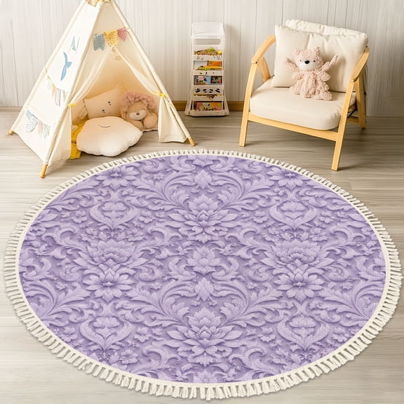 Washable Non Slip 4ft Round Rug, purple floral Circle Area Rugs with Tassels Carpet for Nursery Bedroom Living Room Playroom Tent Rug Tent Castle