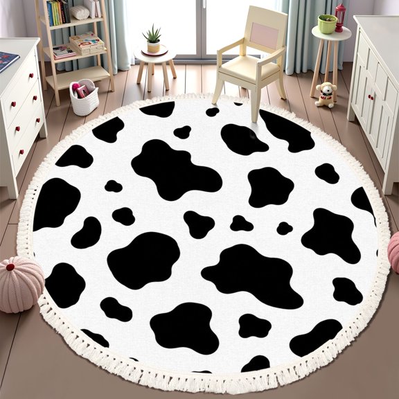 Washable Non Slip 6ft Round Rug, Black white cow print Circle Area Rugs with Tassels Carpet for Nursery Bedroom Living Room Playroom Tent Rug Tent Castle