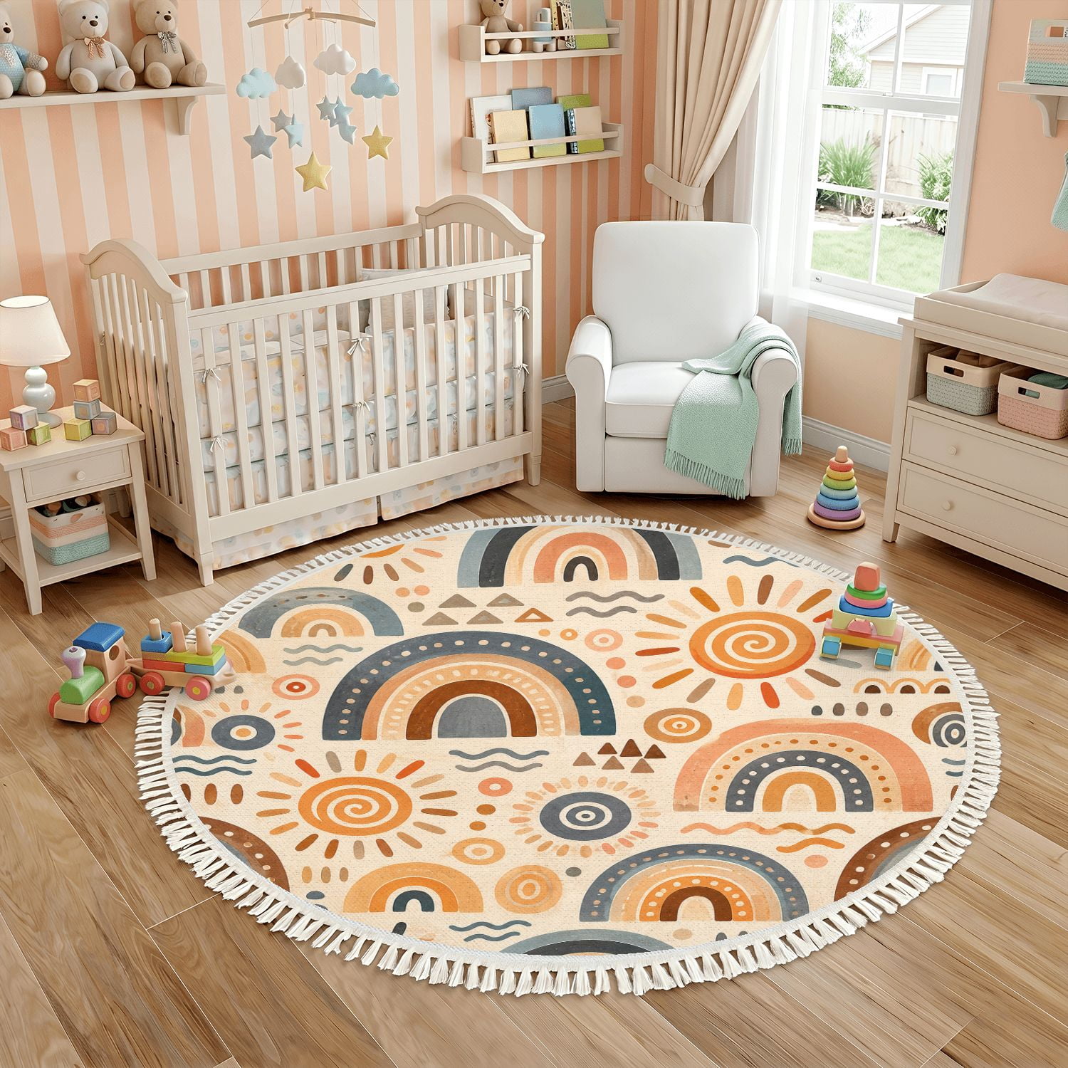 Washable Non Slip 6ft Round Rug, Boho Rainbow Sun Circle Area Rugs with ...