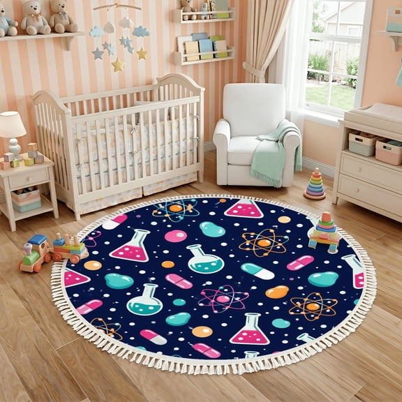 Washable Non Slip 6ft Round Rug, Colorful Science Laboratory Bottles Capsules Atomic Designs Dark Circle Area Rugs with Tassels Carpet for Nursery Bedroom Living Room Playroom Tent Rug